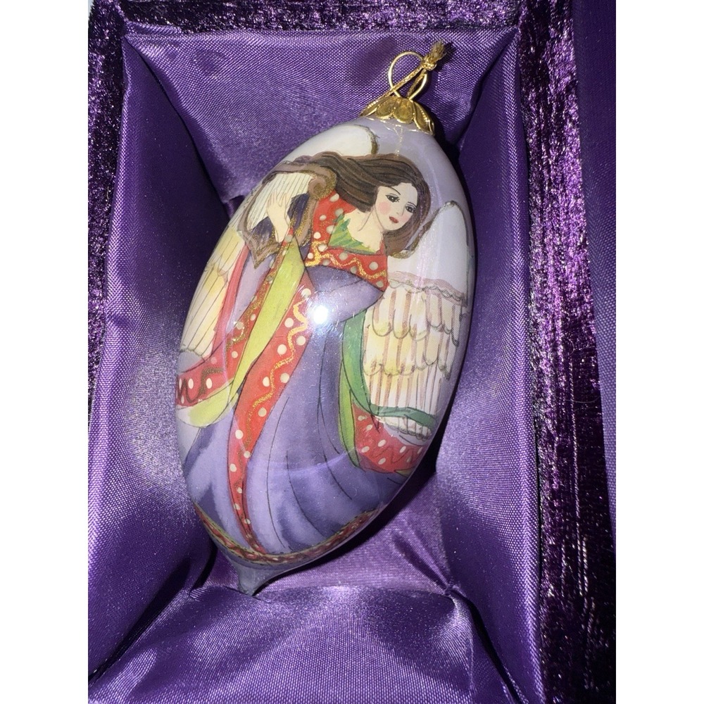 Pier 1 Li Bien Art Glass 2005 Angel with Harp Hanging‎ Ornament with Box 5'' Q